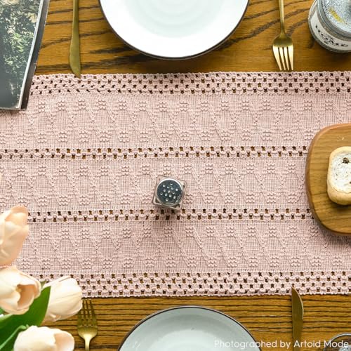 Artoid Mode Pink Farmhouse Woven Rustic Hollow Table Runner, Seasonal Holiday Hollow Kitchen Dining Table Decoration for Home Party Decor 12x120 Inch by Artoid Mode - Used condition - Image 3