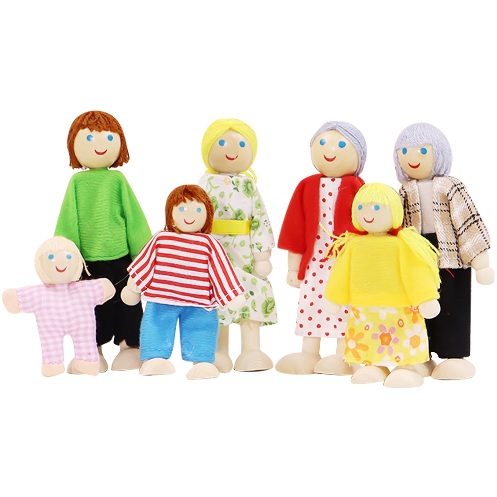DAVBNM Sets of 7 People Wooden DollHouse Family Dolls Toys, Wooden Figure Set, Lovely Happy Family Doll Playset, Dollhouse Accessories, DollPeople Playset for Doll House Kids Children
