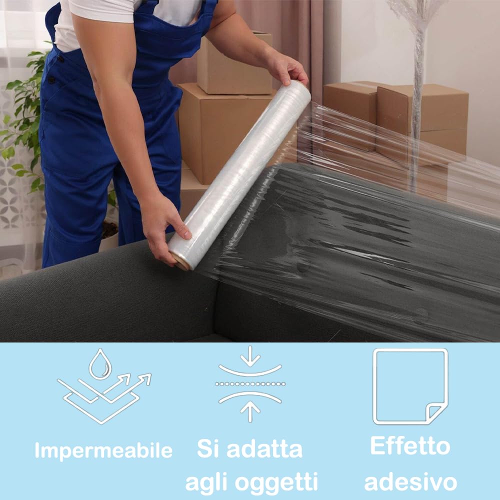 GM 18 Rotoli Film Estensibile Trasparente da Imballaggio, Kg.2,4 Alto 50cm Lungo 180 Metri(certificati) My23 - Pellicola per Spedizioni, Cellophane Extra Resistente per Pedane Pacchi e Trasloco