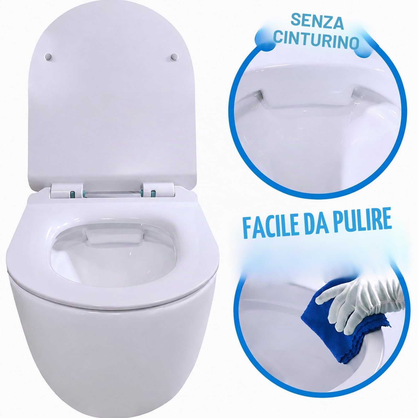 WC sospeso bianco senza flangia con fissaggi invisibili + copriwater ultra sottile rimovibile + freno di caduta (bianco)