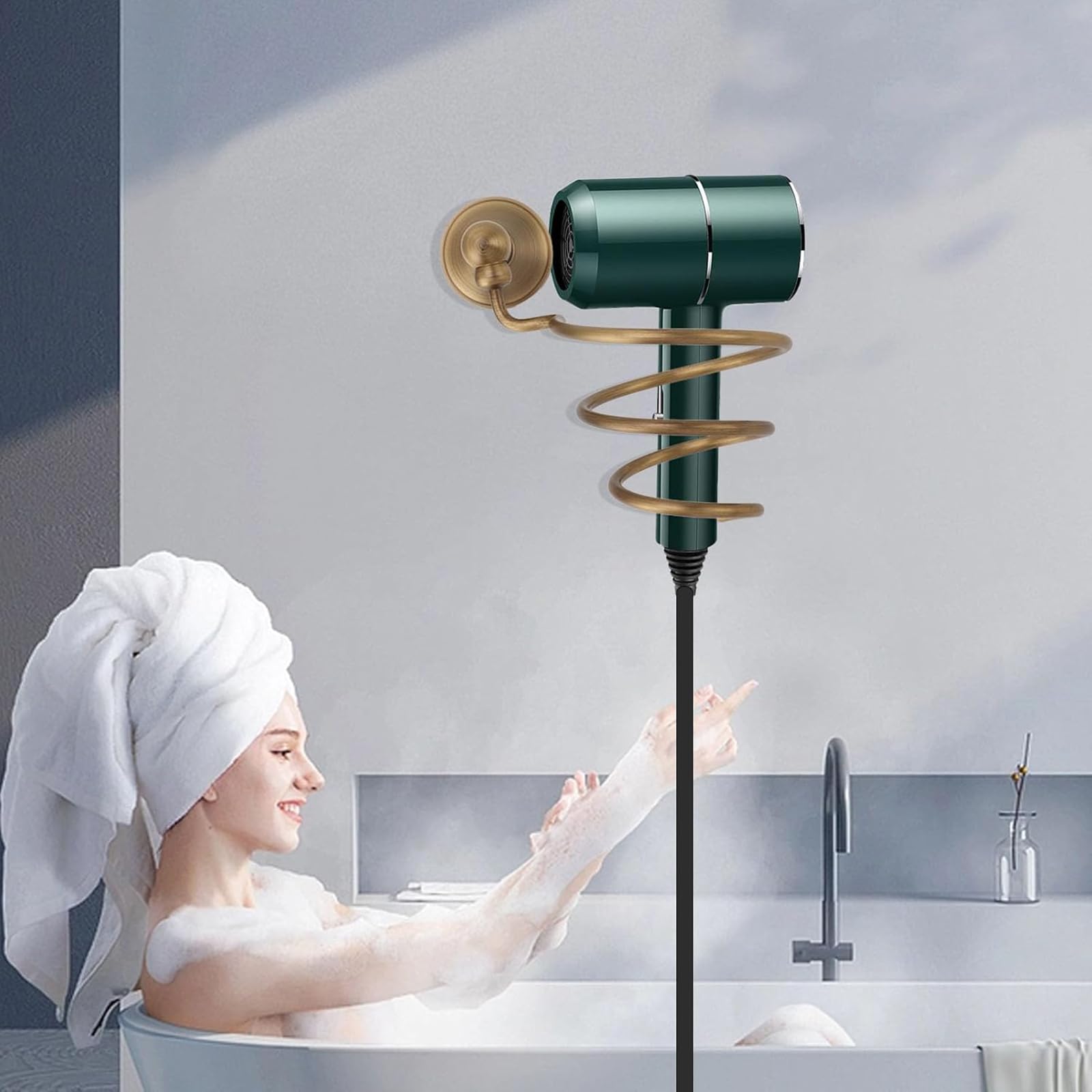 Soporte para secador de pelo en espiral montado en la pared para baño y salón de belleza, organizador de secador de pelo de cobre con acabado de latón