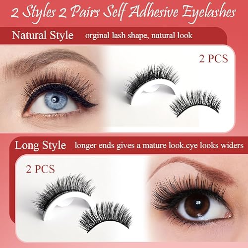 Miniatura 3 de 2 pares de pestañas autoadhesivas con 10 tiras autoadhesivas de repuesto de pegamento para pestañas, pestañas reutilizables sin delineador de ojos y