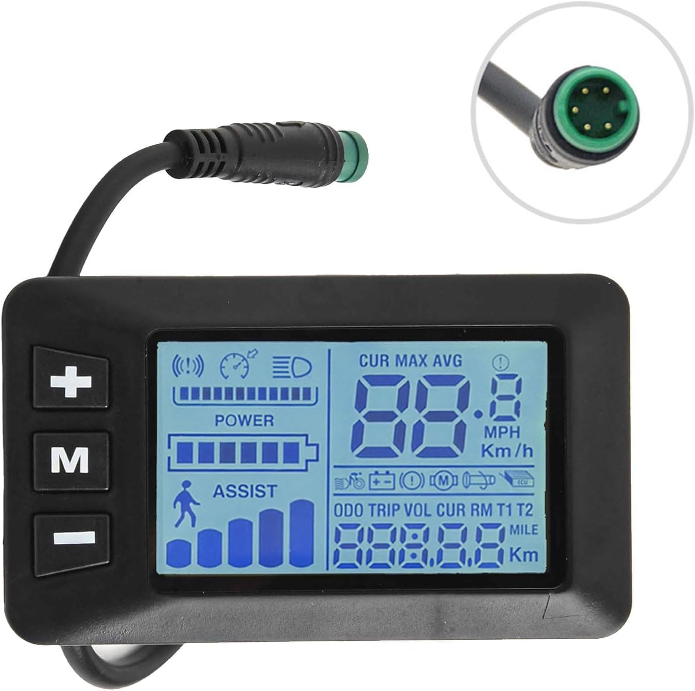 Close-up of the Jumplushion GD01 E-Bike LCD Display Monitor screen showing various data points like speed, battery level, assist level, and odometer