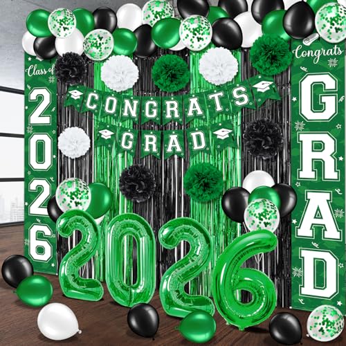 Image of Graduation Party Decorations Class of 2026, Graduation Decorations with Congrats Grad Banner Fringe Foil Curtain Paper Flower Ball Balloons for High School College Graduation Party Supplies, Green