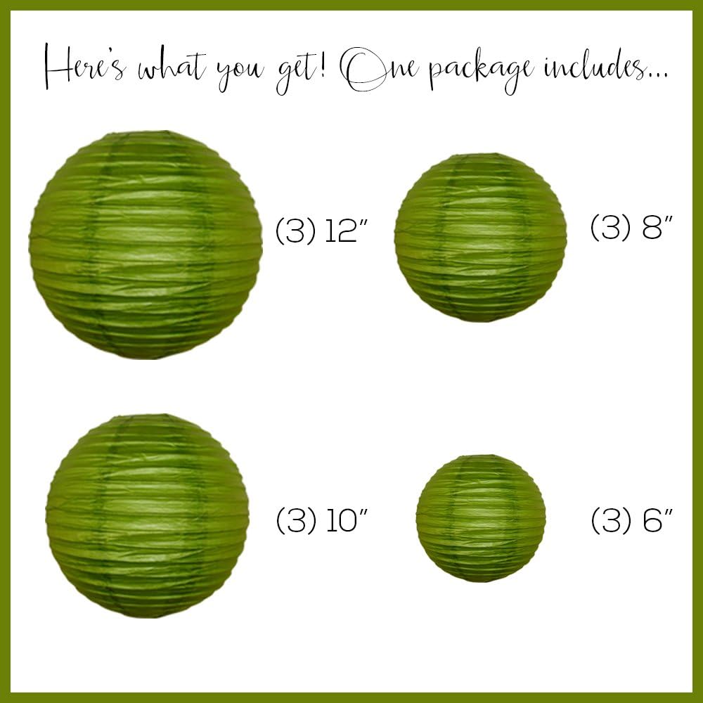 Just Artifacts Decorative Round Chinese Paper Lanterns 12pcs Assorted Sizes (Color: Grass Green)