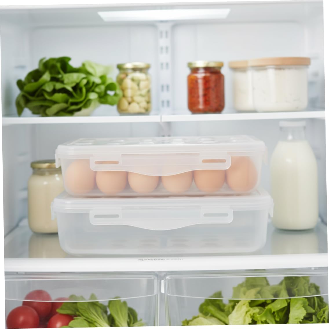 2-Pack 18-Grid Plastic Egg Carton, Clear Fridge Egg Storage with Locking Lid, Stackable Holder for Refrigerator ;1