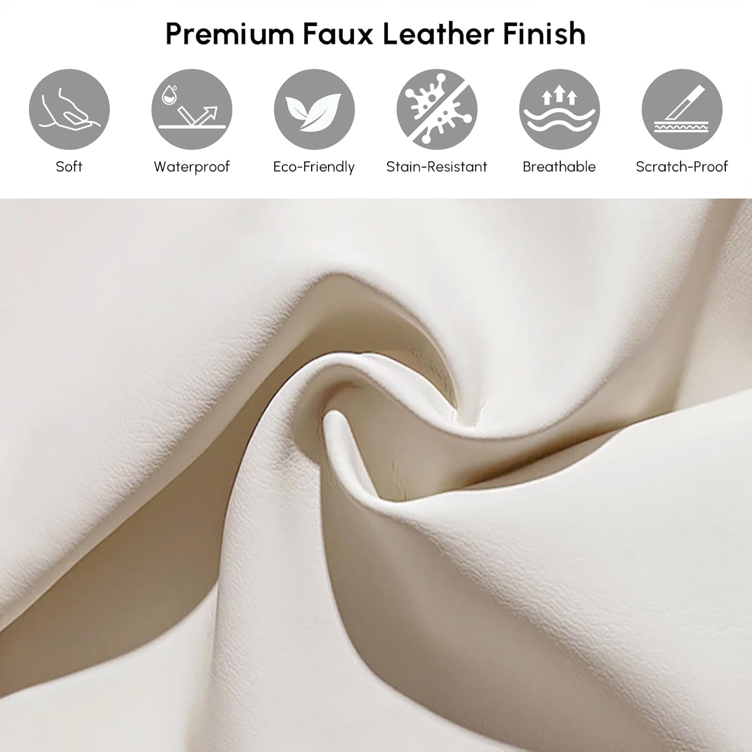 Close-up image of the premium faux leather finish with icons indicating its properties: soft, waterproof, eco-friendly, stain-resistant, breathable, and scratch-proof.