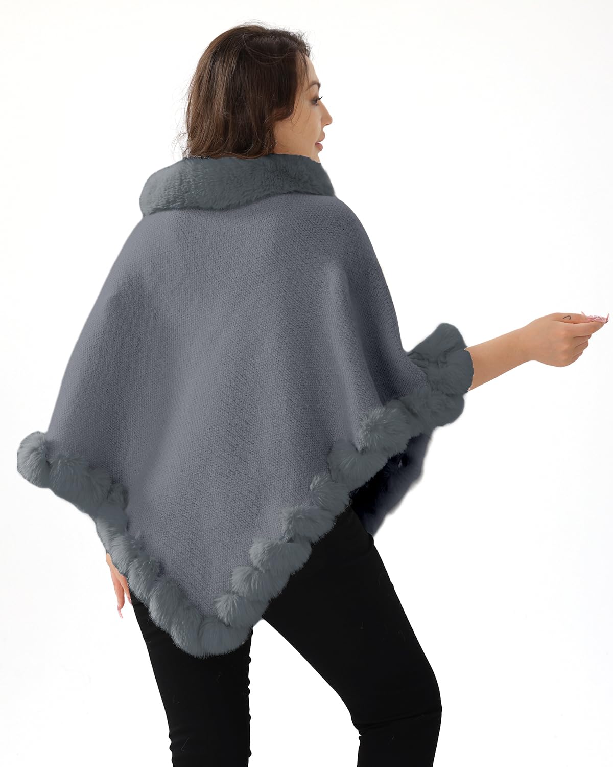 Poncho d’Hiver Femme Cape Chaud Manteau en Fausse Fourrure Tricoté Élégante Chale pour l' Automne Hiver
