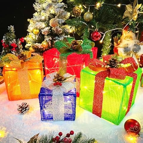 Christmas Decorations Set of 4 Lighted Gift Box Christmas Decorations Indoor，Christmas Lighted Gift Boxes LED Light up Xmas Present Ornament for Tree Indoor Outdoor Yard Holiday Door, Christmas Lights Cover