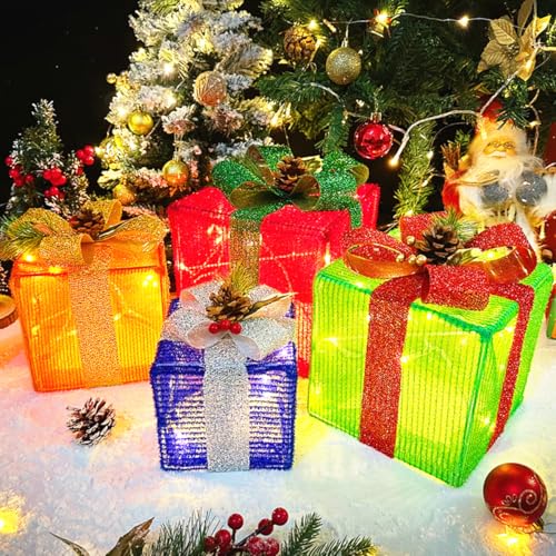 Christmas Decorations Set of 4 Lighted Gift Box Christmas Decorations Indoor,Christmas Lighted Gift Boxes LED Light up Xmas Present Ornament for Tree Indoor Outdoor Yard Holiday Door, Christmas Lights