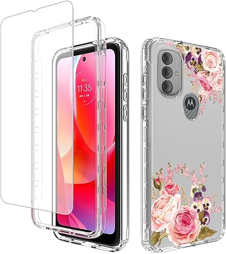 Funda para Moto G Power 2022, XT2165DL con protector de pantalla de vidrio templado, cuerpo completo transparente con protección floral para