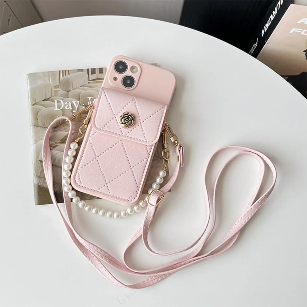 Kieszeń na karty, portfel, uchwyt na pasek z pereł, etui na telefon komórkowy do iPhone 15 14 X XR XS 1113 Pro Max 12 Pro 7 8 Plus, różowa, do iPhone 13 Pro Max