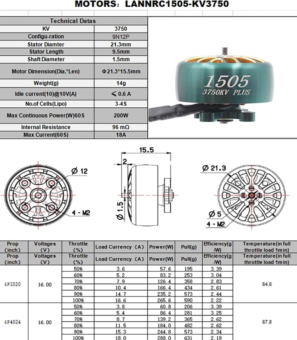 LANNRC 1505 Plus 2650kv 3750kv Lipo bezszczotkowy silnik 1,5 mm wał 9N12P odpowiedni do RC FPV 6.3-10.2 cm Freestyle Racing Drony (4 szt. 1505 3750KV)