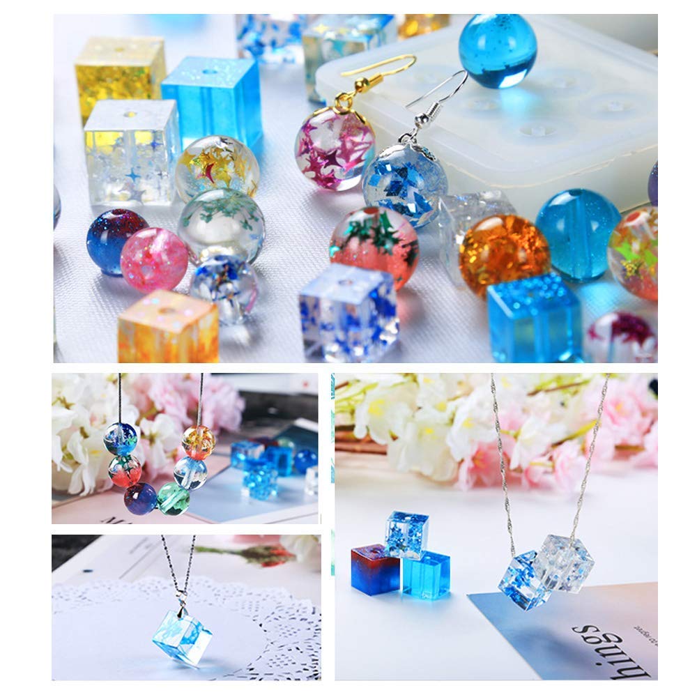 Resina UV Trasparente Kit 14 stampi per Pendenti Orecchini collane bracciali Anelli + pinzette Lampada + 48 Decorazioni Brillanti Conchiglie Glitter Fiori per creazione Gioielli Artigianali