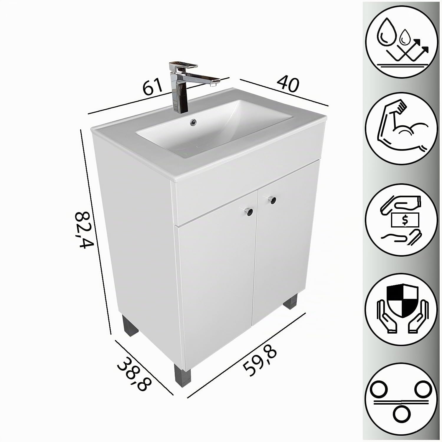 IGA Lavabo avec meuble sous vasque, à poser, angulaire, en céramique, ensemble de meubles de salle de bains, (blanc, 60 cm)