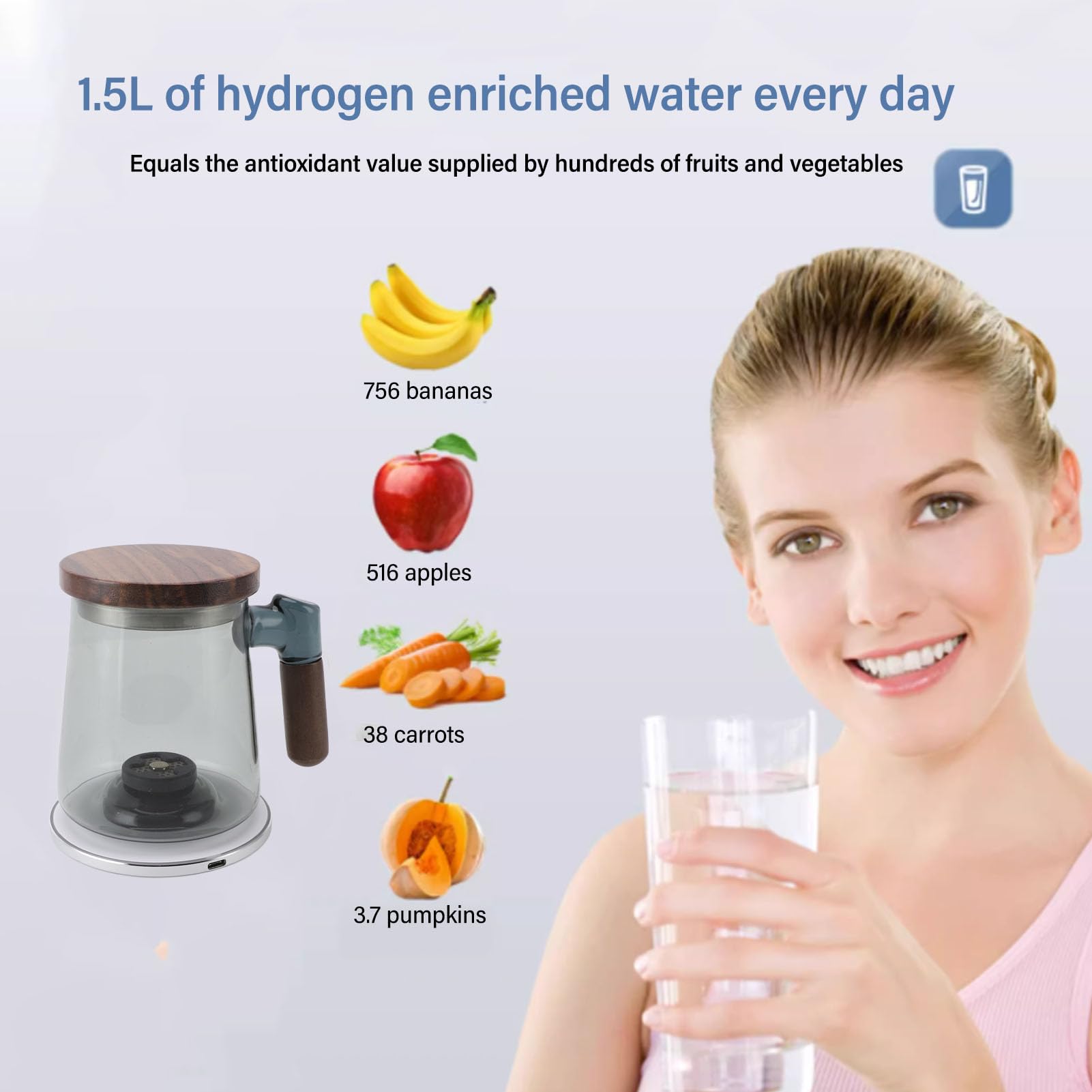 Fabricante de Generador de Máquina de Agua Alcalina de Hidrógeno, Jarra del Agua del Hidrógeno de 400ml SPE, 800‑1500ppb Agua Ionizada, Utilizado para el Hogar y la oficina.
