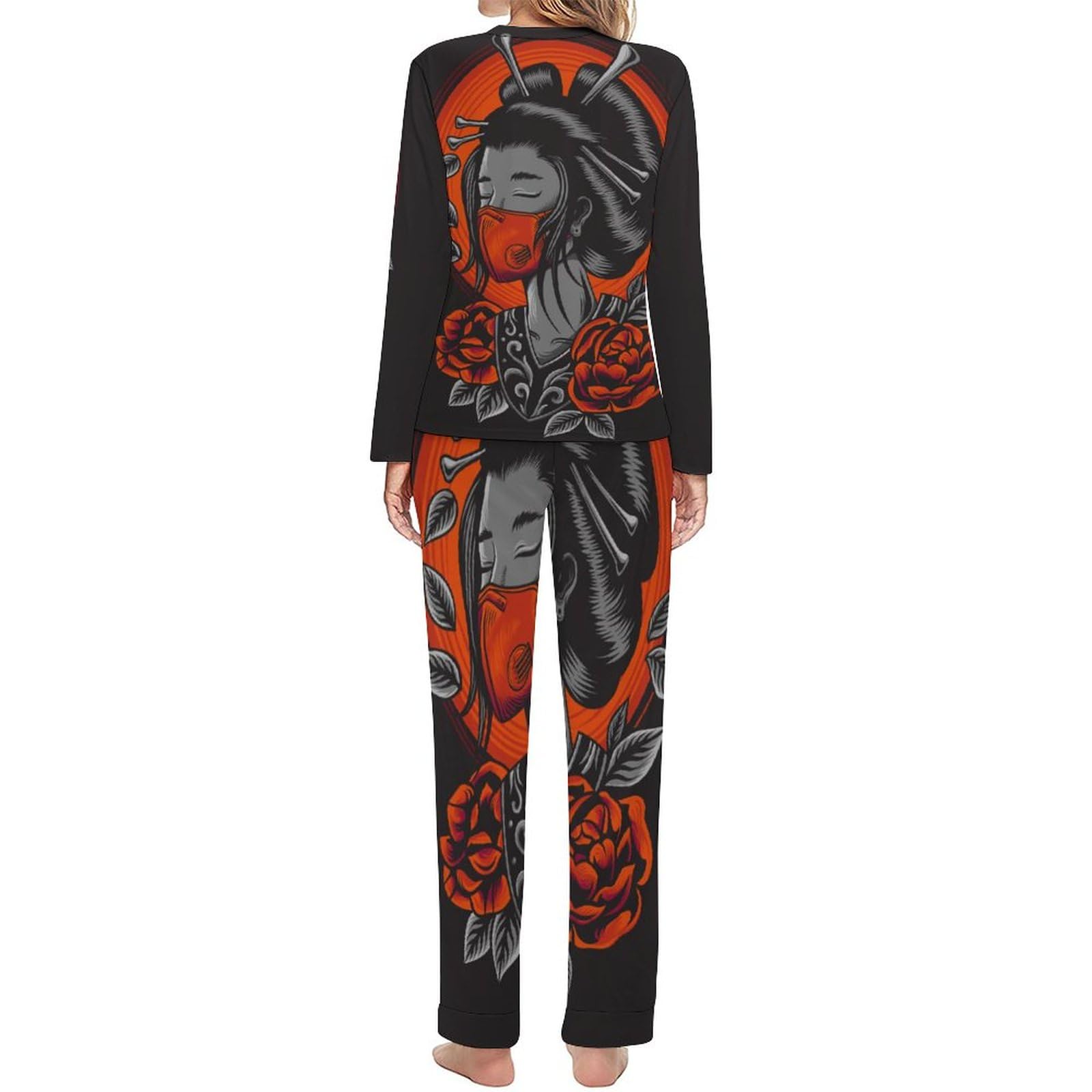 UMENG Japanisches Mädchen Damen Schlafanzug Lange Pyjama Set Zweiteiliger Nachtwäsche Langarm Hausanzug Sleepwear