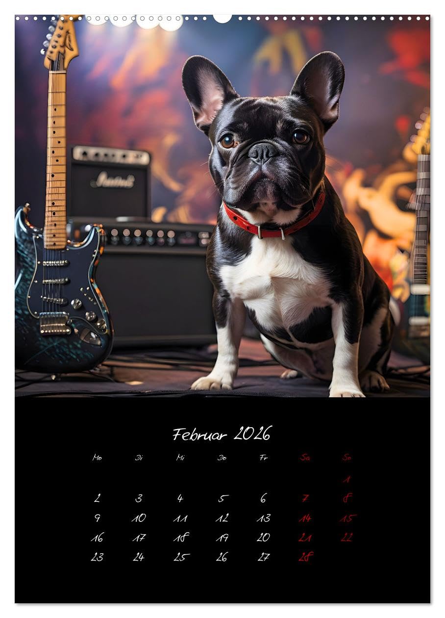 Gitarren und Hunde mit Herz (Wandkalender 2026 DIN A2 hoch), CALVENDO Monatskalender: Amüsante Darstellungen von Hunden, die mit Stolz die Gitarre ihres Herrchens präsentieren (CALVENDO Kunst)