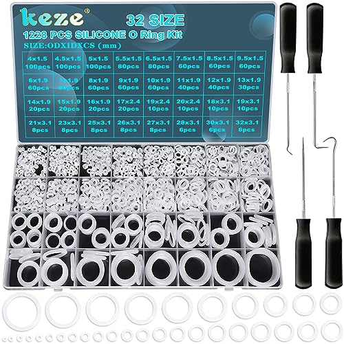 Keze 1228pcs 32 Size Silicone O Rings Kit + 1oz Grease for Valve Sealant Automotive Repair