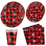 Ruisita 122 Pieces Buffalo Plaid Party Supplies with Snowflake Christmas Paper Plates Red and Black Plaid Party Tableware Paper Plates Paper Cups and Napkins for Christmas Party, Serves 24 Guests