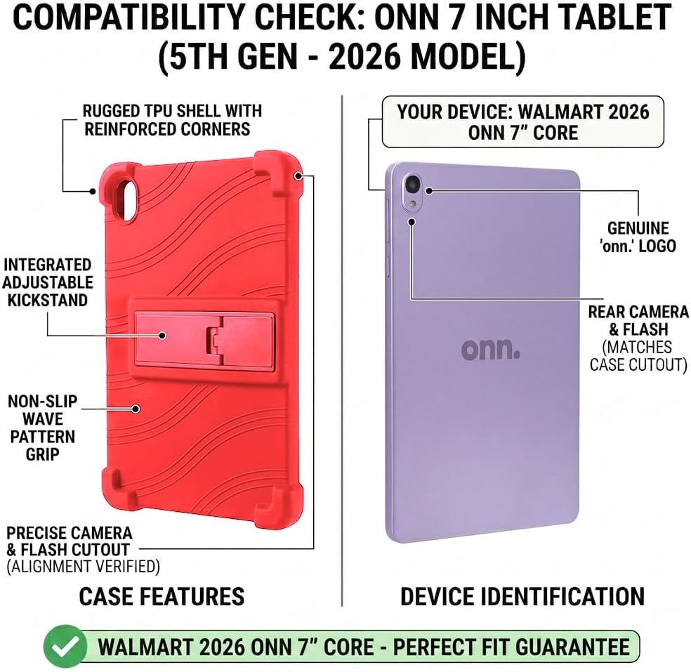 Case for onn 7" Tablet 2026 Gen 5 – Soft Silicone Shockproof Cover with Kickstand, Kid-Friendly (Red) image 2
