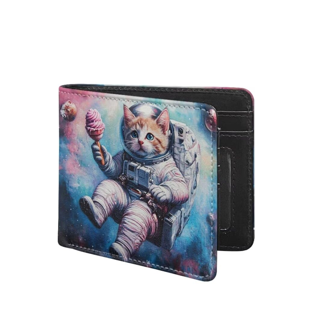 Coldinair Astronaut Cat Boys Wallets for Kids 9-12 Outer Space Cool Wallet for Teen Boys Leather Bifold Wallet Credit Card Cash Id Holder Purse Coin Pocket Id Window for Men Boy Male Youth Guys
