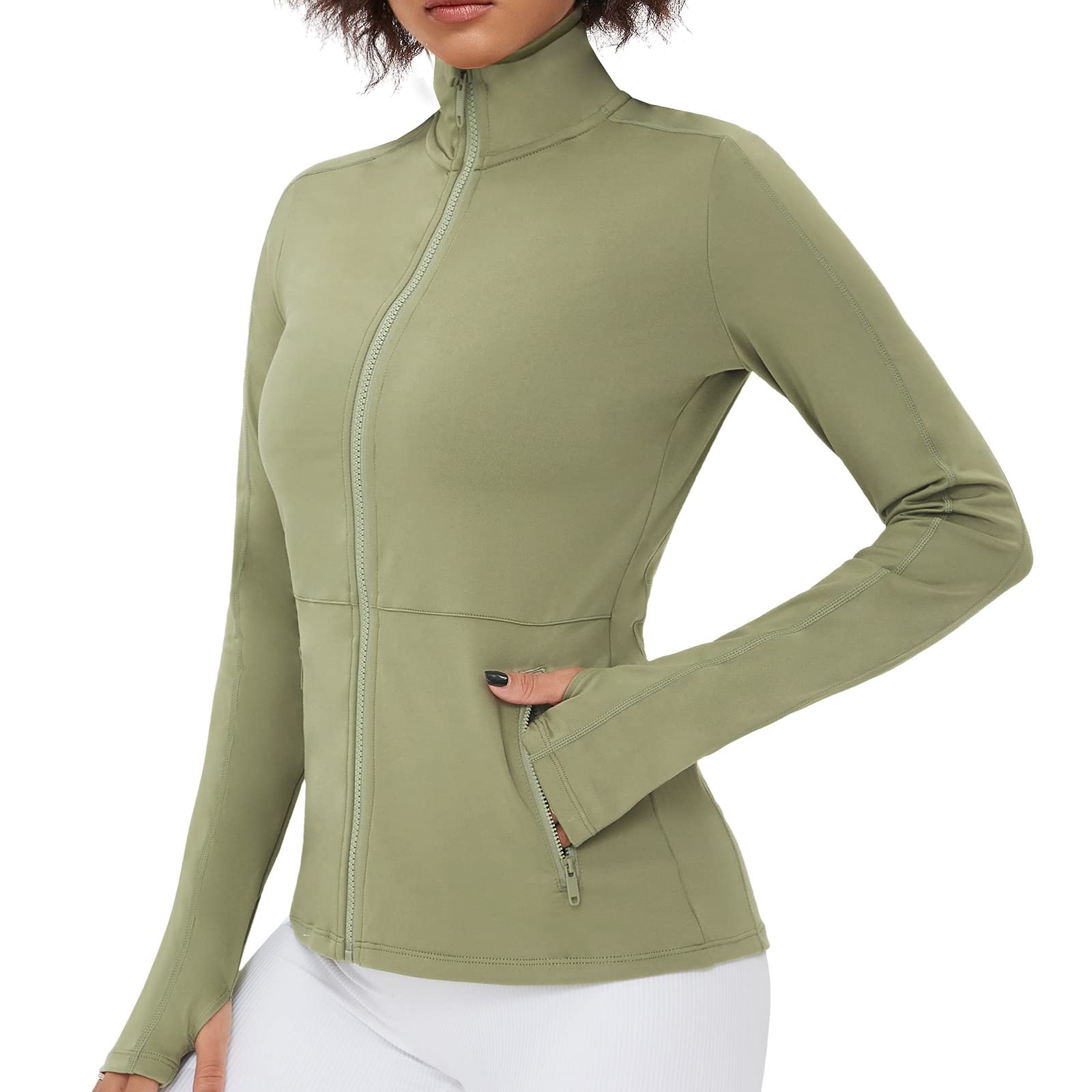 VUTRU Damen Laufjacke Hoher Kragen Leicht Sportjacke Langarm Yoga Shirt Fitness Jacke Atmungsaktive Trainingsjacke mit Daumenlöchern und durchgehendem Reißverschluss