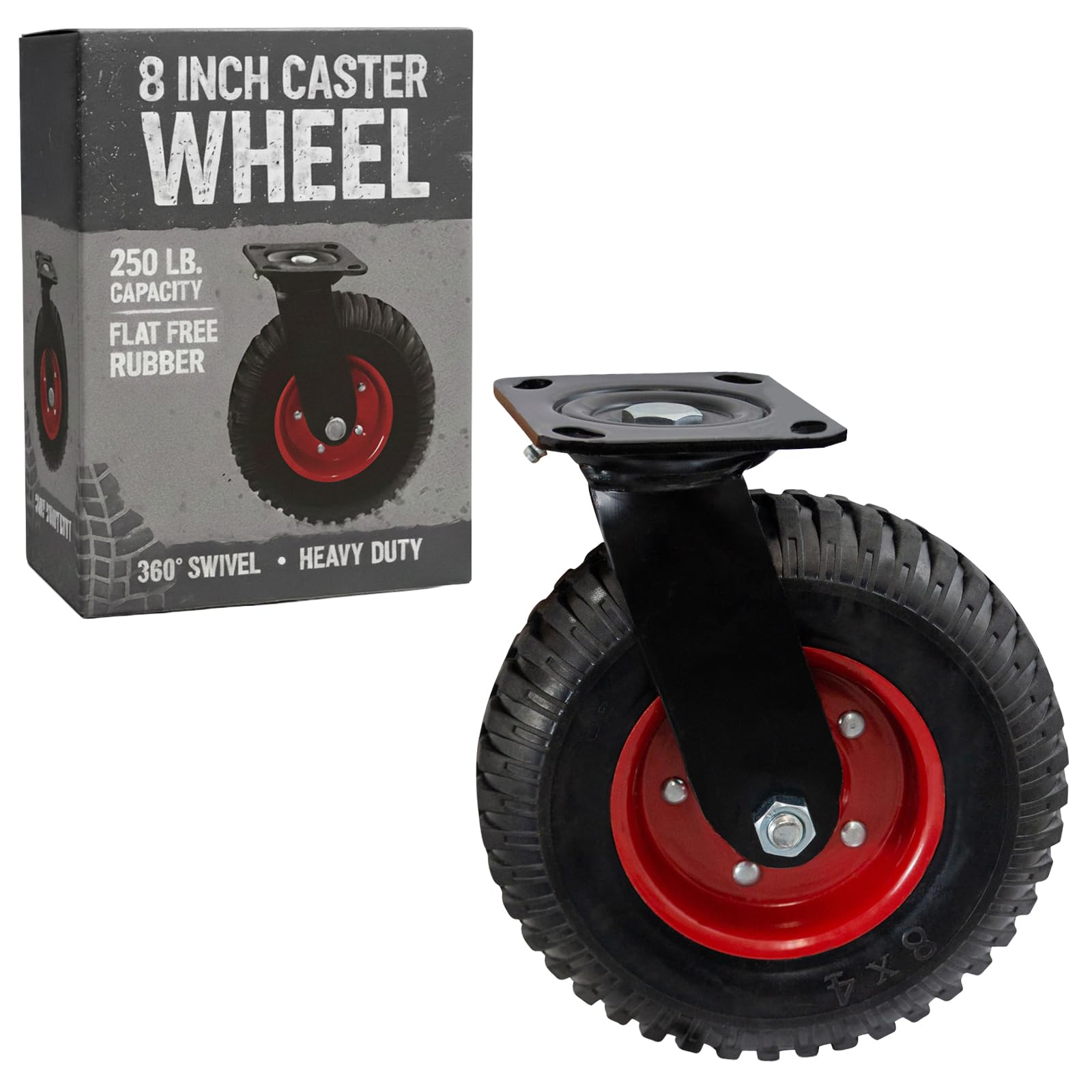 Houseables Cart Wheels, Rubber Caster Wheels, Large Caster, 8 Inch, Swivel, Heavy Duty, Outdoor, Off Road, Offroad, All Terrain, Flat Free Tire, No Flat, Industrial, Castor, for Dolly, Utility Cart