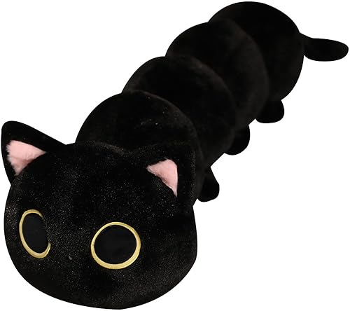 Animales de peluche de gato negro, almohada de peluche de gusano de gato de 20 pulgadas de largo, muñeca de peluche de gatito, regalos de cumpleaños