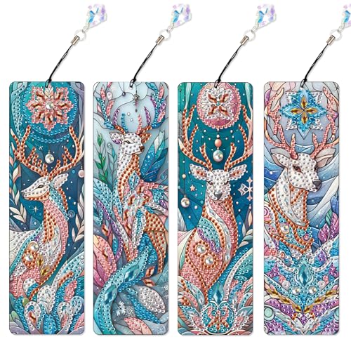 Image of 4 Pack DIY Diamond Painting Bookmarks, Special Shaped Deer Design Handmade Crystal Rhinestone Bookmark Kits with Tassel, Sparkling Art Bookmark for Reading Enthusiasts