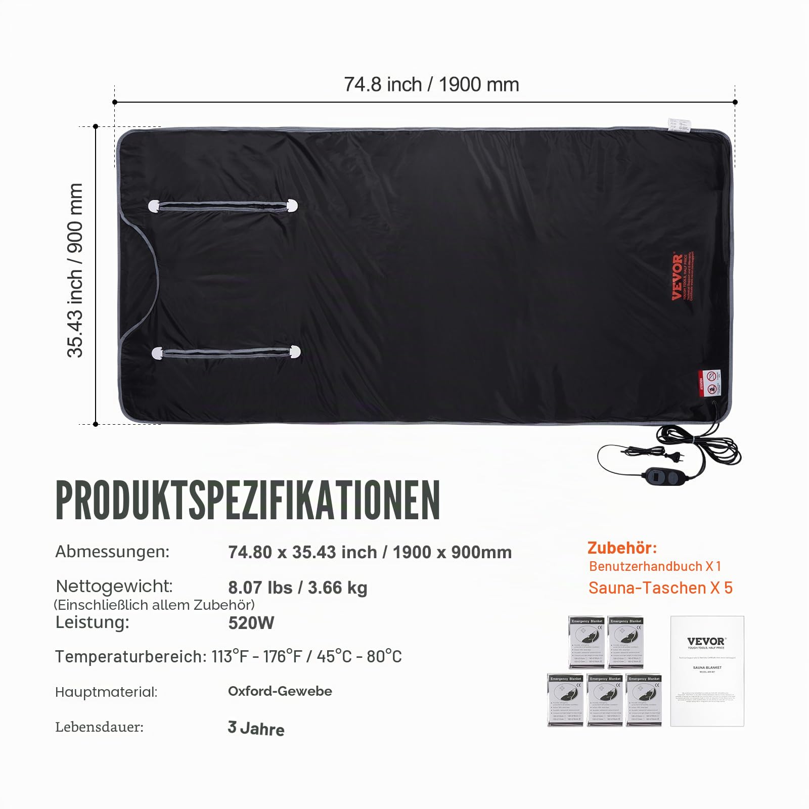 VEVOR 520W Infrarot Saunadecke 1900x900mm Sauna Blanket 1-6 Stufen (35°C-85°C) Infrarotdecke 40-Minuten-Fettverbrennung Heizdecke 5-Schicht-Sicherheitsmaterialien Heizmatte Körper Abnehmen Fitness