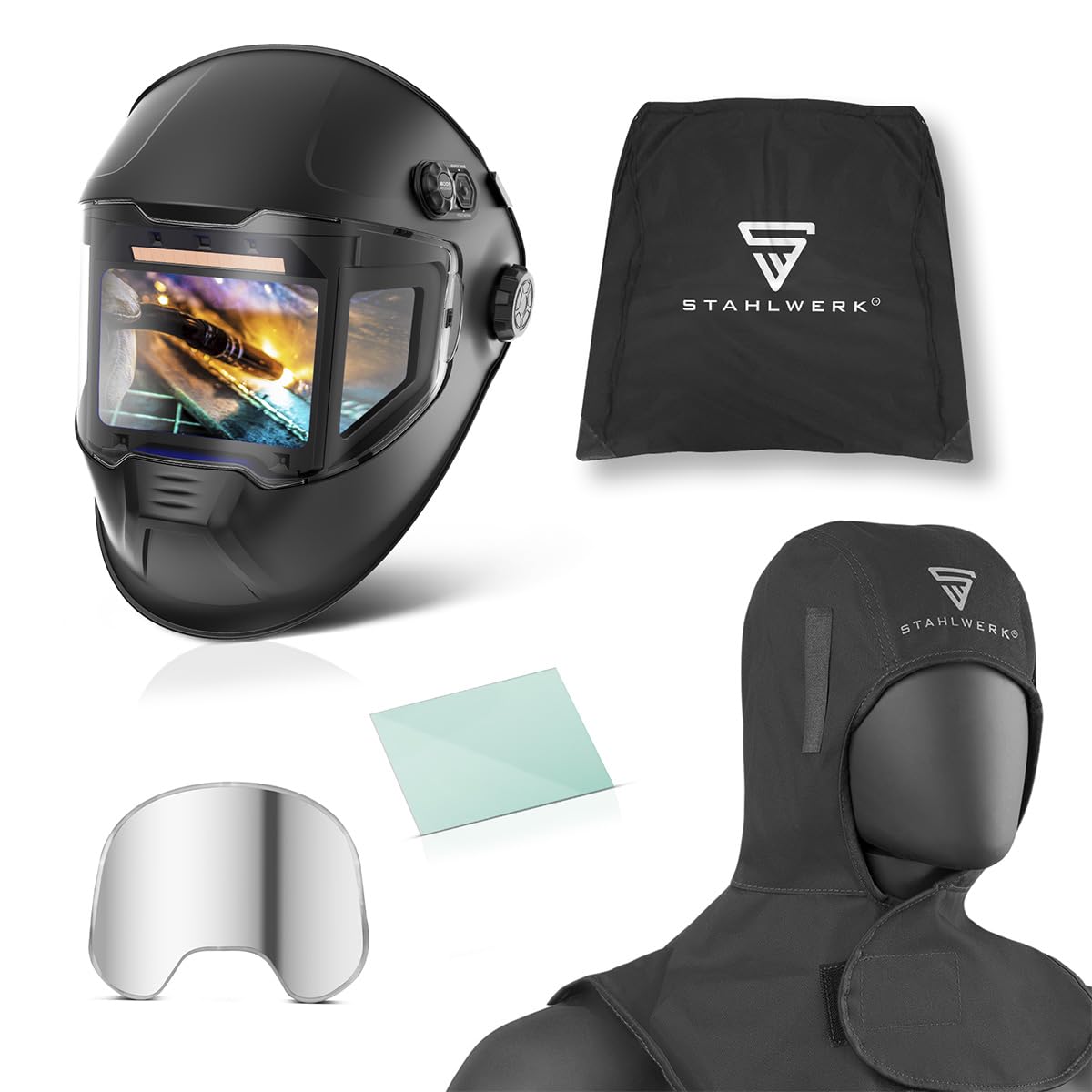 STAHLWERK Automatik-Schweißhelm 3-in-1 Split inklusive Schweißhaube – LCD-Farbdisplay, 180° Sichtfeld, True-Colour-Echtfarbwiedergabe, Jobspeicher, Abdunkelung DIN 4 - DIN 14, optische Klasse 1/1/1/1