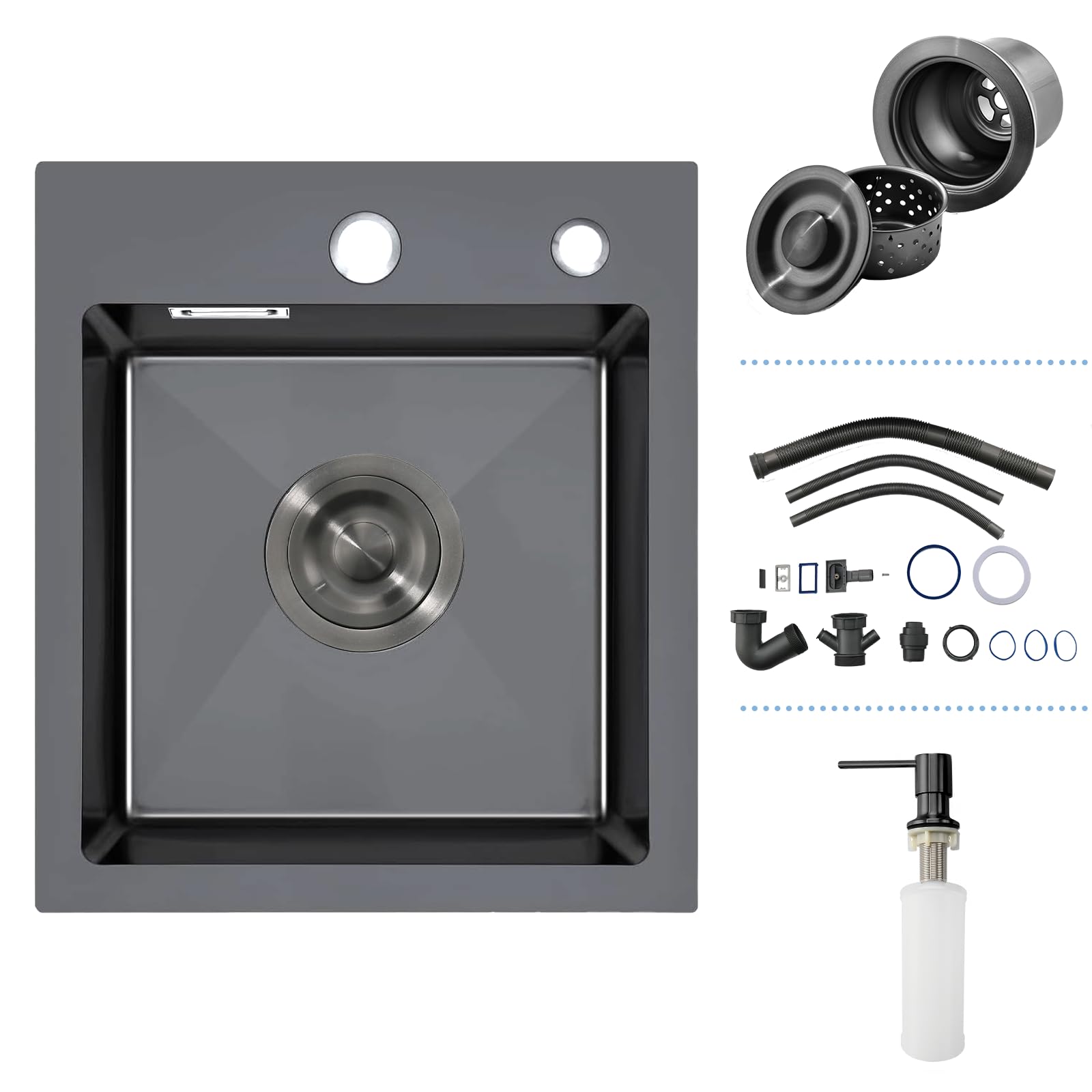 iAnomla Black Small Kitchen Sink, Stainless Steel Kitchen Sink 40 x 40 cm, Drop in Topmount Single Bowl with 2 Tap Holes, Basket Strainer Waste and Overflow Kit, Soap Dispenser, 1 Bowl, Square
