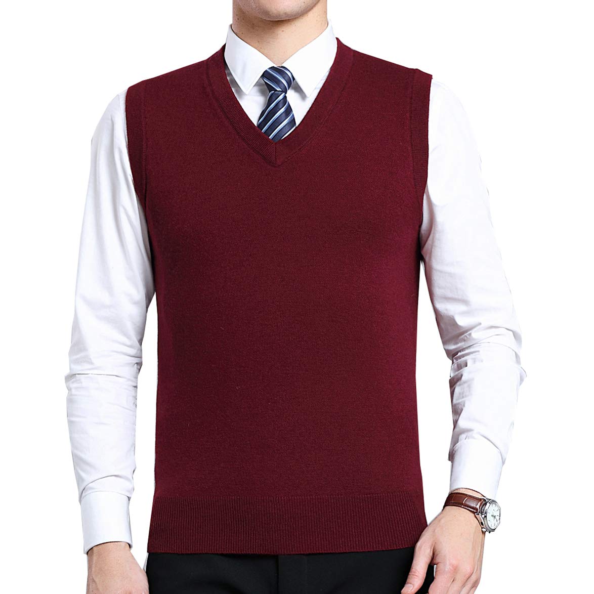 Biutimarden Men's Wine Red_1680 Moren Classic V-Neck Wool Sleeveless Jumper Vest Autumn Winter Warm Knitted Gilet Slipover Waistcoat Sweater Tank Tops (M, )