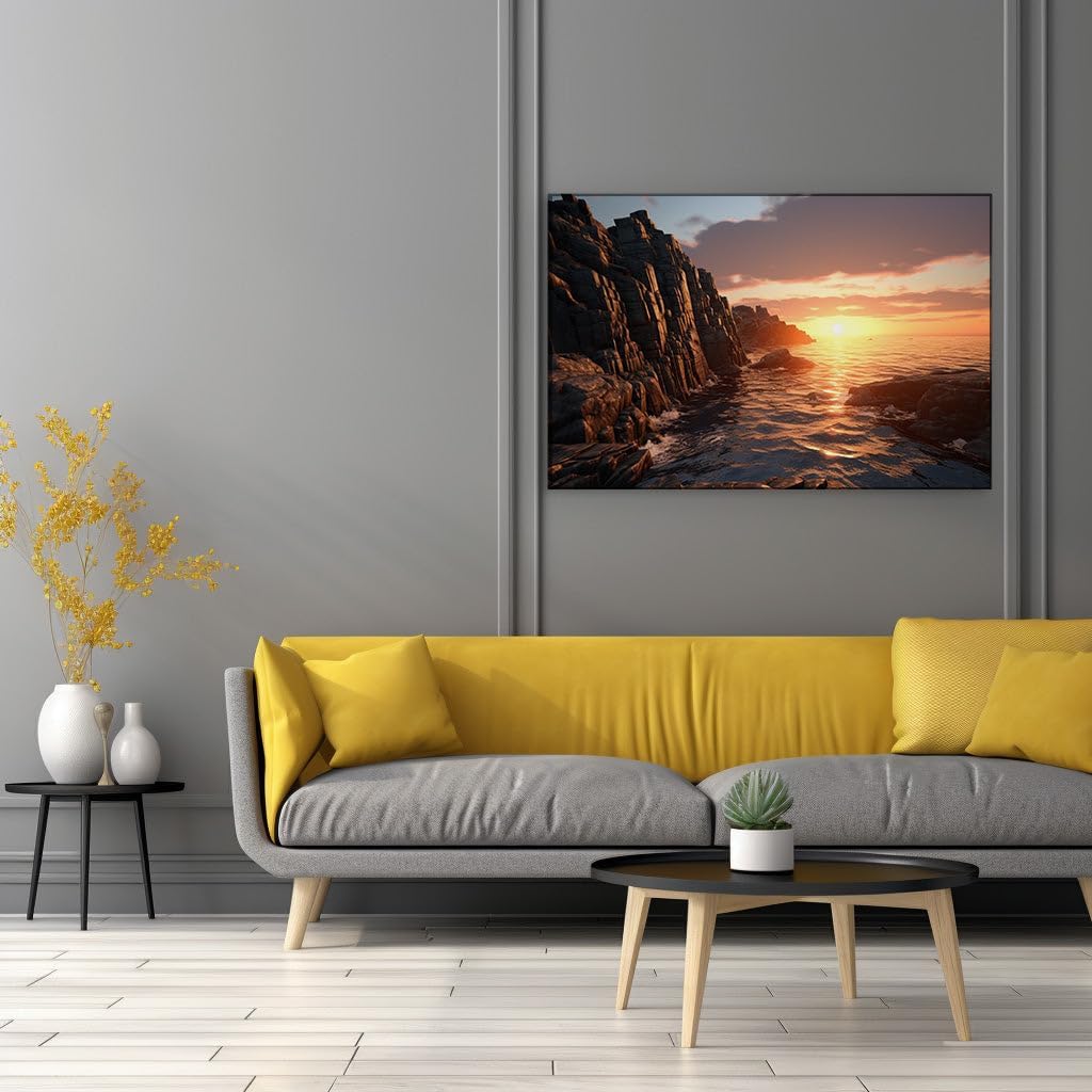 Canvas for Living room. Golden Serenity at Sea � An Elegy to Sunsets and Solitude, 27 x 18 inch Canvas Wall Art - Contemporary Masterpieces - Modern Home Decor - 69x46 cm (27x18 inch)
