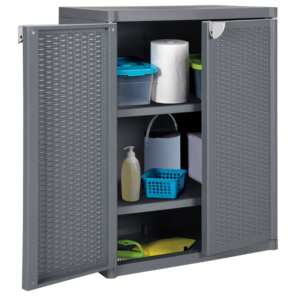 Gartenschrank Grau 65x45x88 cm Kunststoffschrank in Rattan-Optik aus PP mit 2 Ablagen, Beistellschrank für Balkon und Terrasse, Allzweckschrank für Gartenutensilien