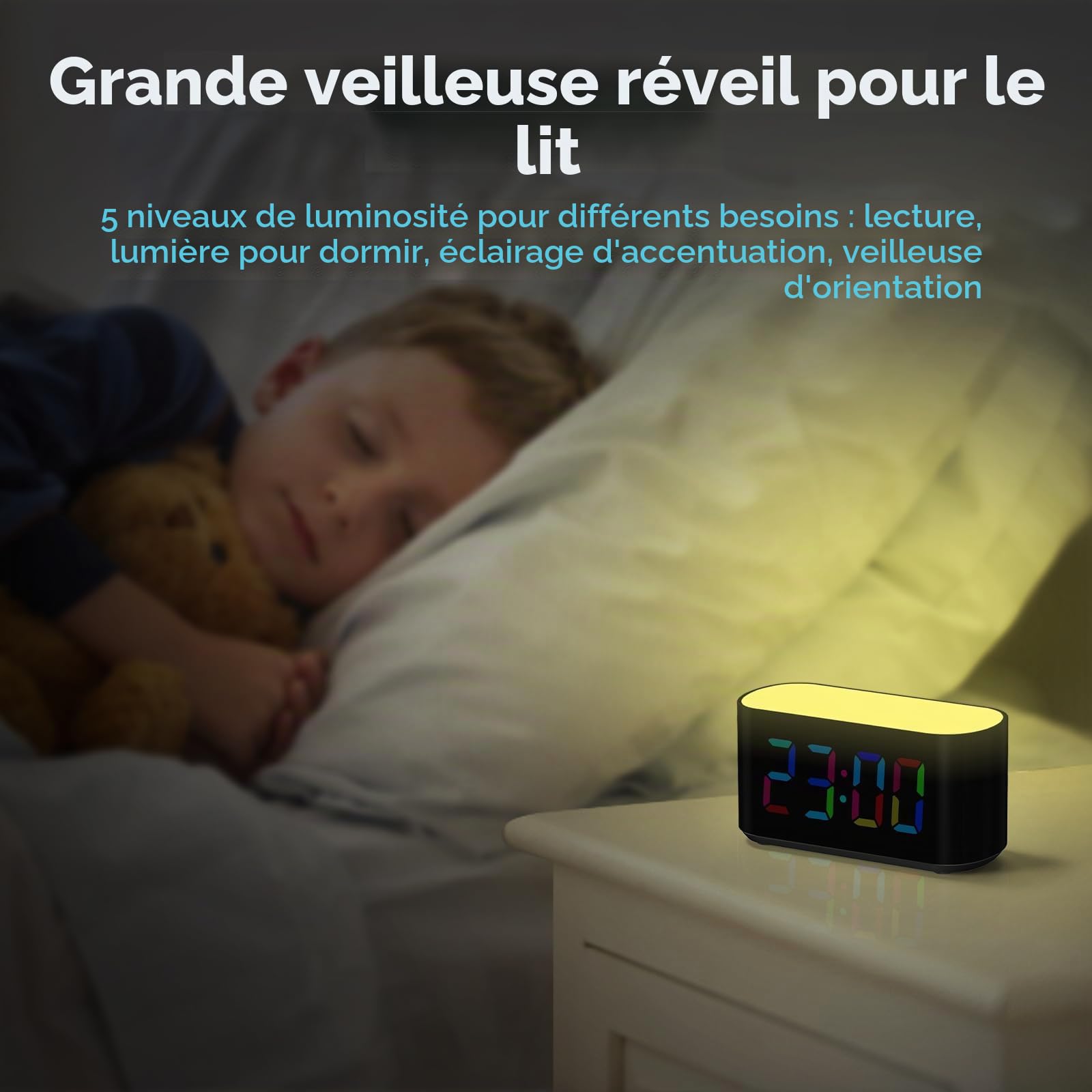 DOUMOSH Réveil pour enfants avec veilleuse RVB, variateur de luminosité 0-100%, écran coloré, réveil numérique pour débutants scolaires