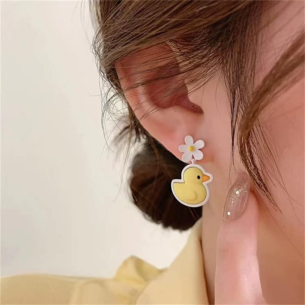 Cute Yellow Duck Dangle Drop Earrings for Women Sterling Silver Posts Tiny Flower Funny Cartoon Animal Dangling Statement Studs Hypoallergenic Lightweight Summer Party Jewelry - Image 5