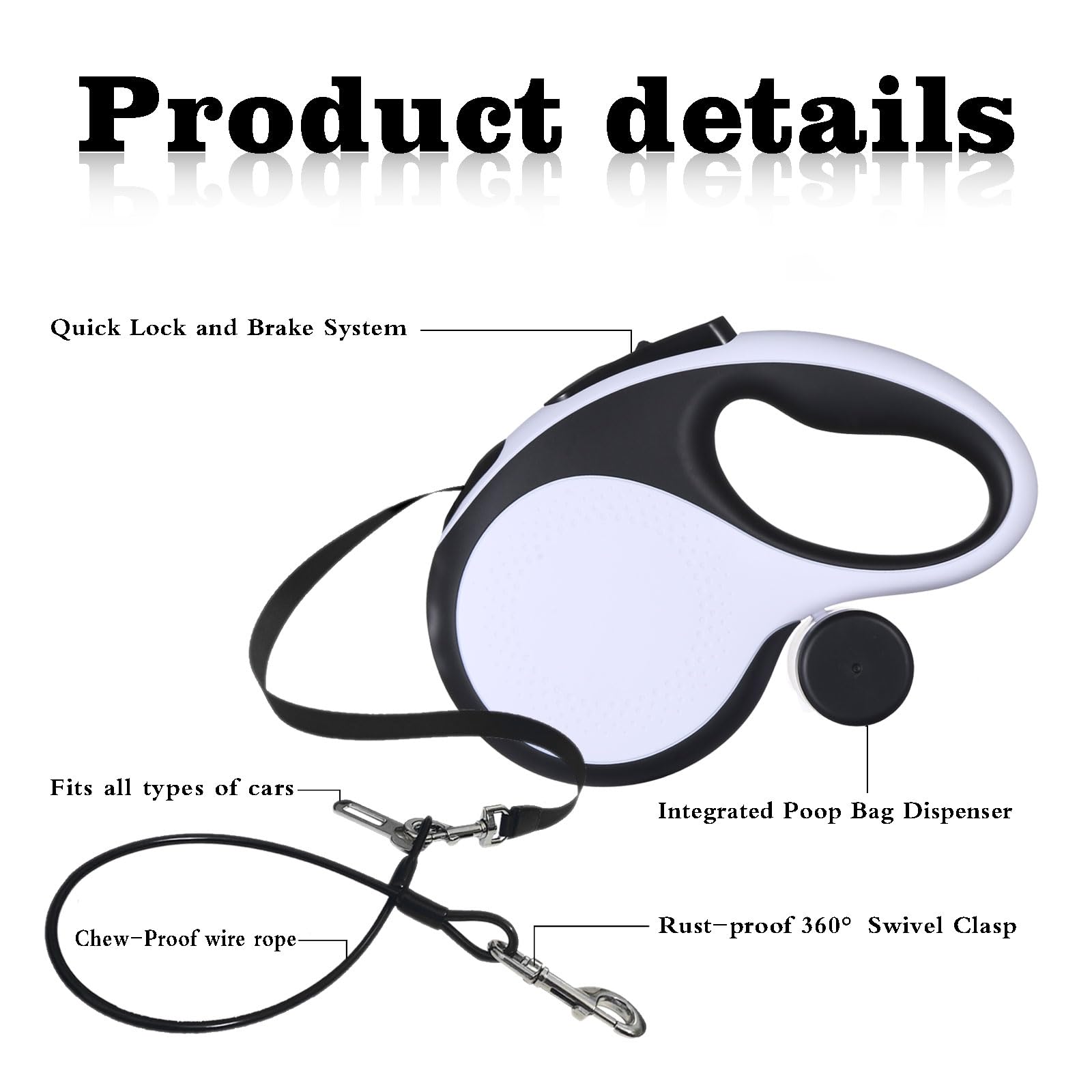 Retractable Dog Leash with Chew Proof Cable 26Ft Heavy Duty Dog Leash for Small Medium Large Dogs up to 110lbs?One-Handed Brake?360° No Tangle (White)
