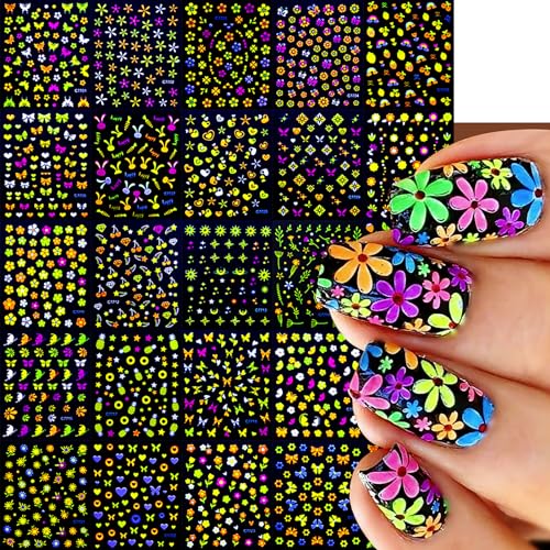24 Sheets Fluorescent Color Nail Art Stickers Decals Butterflies Stars Flower 3D Self-Adhesive Nail Sticker Heart Nail Art Decoration Supplies for Women Girls DIY Nail Accessories