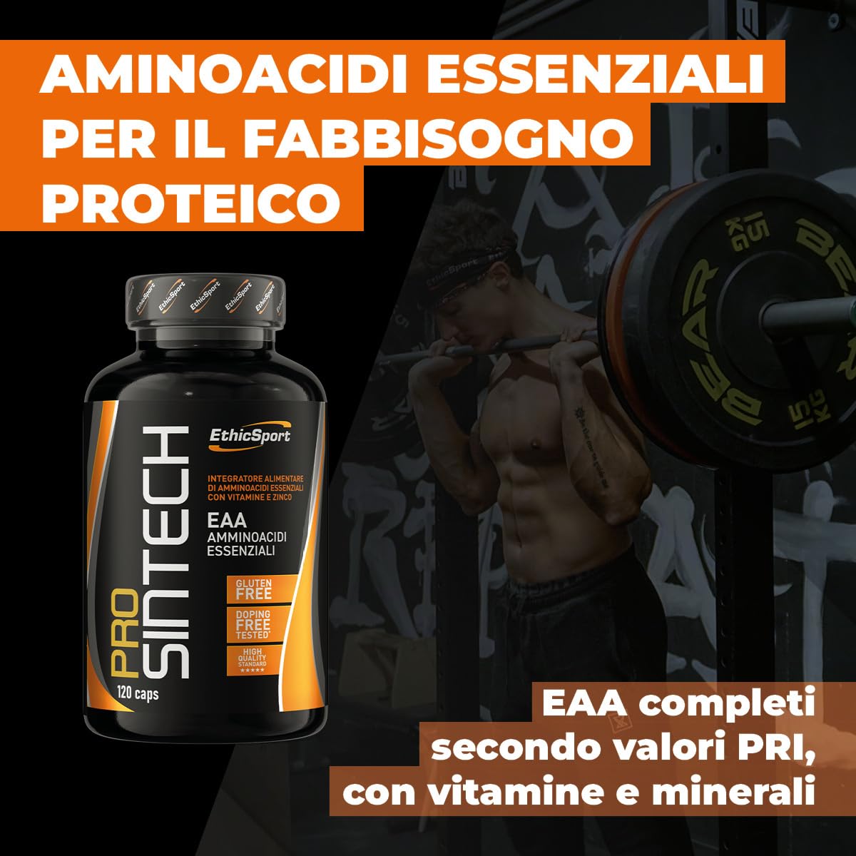 EthicSport - Prosintech - Barattolo da 120 cps - Integratore Alimentare di Amminoacidi Essenziali (EAA) con Vitamine e Zinco, utile per massimizzare la sintesi proteica