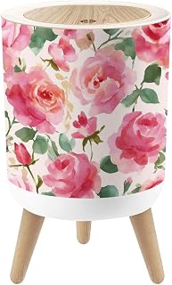 Bathroom Trash Can with Lid Seamless Rose Watercolor Painted Technical Garbage Bin Waste Basket for Kitchen Office Bedroom Decoration Diaper Pail 1.8 Gallon