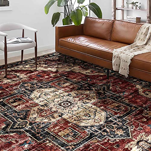 Tnavill Vintage Medallion Area Rug 8X10,Machine Washable Rugs For Living Room, Bedroom, Soft Faux Wool, Non Slip, Stain Release, Antique Aesthetic Carpet, Red Brown #TOP1