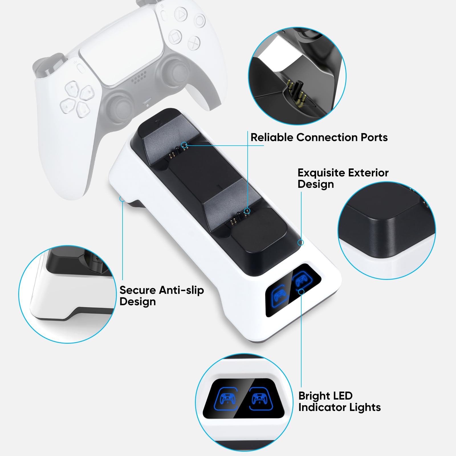 PS5 Dualsense - Estación de carga con doble soporte - Base de carga rápida para controladores PS5 - Accesorio de actualización con adaptador de CA de carga rápida 5V/3A