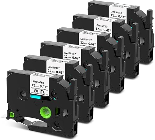 Paquete de 6 cintas de etiquetas laminadas blancas de 0.47 pulgadas de 0.47 pulgadas para TZe-231 Brother, AZe cinta de etiquetas negra sobre blanca