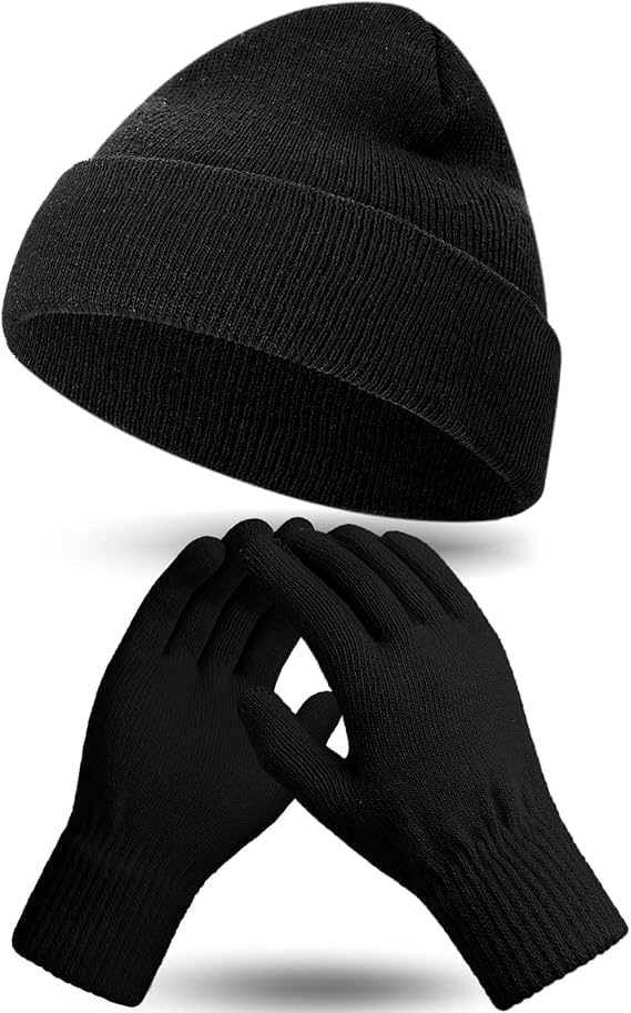 Tomorrow Winter Beanie Hat Gloves Set, Soft Knitted Hat Stretchy Gloves Warm Skull Cap Set for Women Men