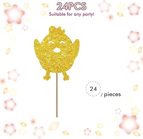 Miniatura 3 de Juego de 24 adornos para cupcakes de pollo para cumpleaños temáticos de granja, decoración de cupcakes con purpurina dorada, decoraciones de