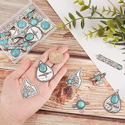 Sunnyclue 1 Box 24Pcs 6 Styles Turquoise Stone Charms Tibetan Style Alloy Charm Bohemia Healing Energy Gemstone Charm Heart Mount Charm For Jewelry Making Charms Necklace Bracelets Women Diy Crafts #TOP2