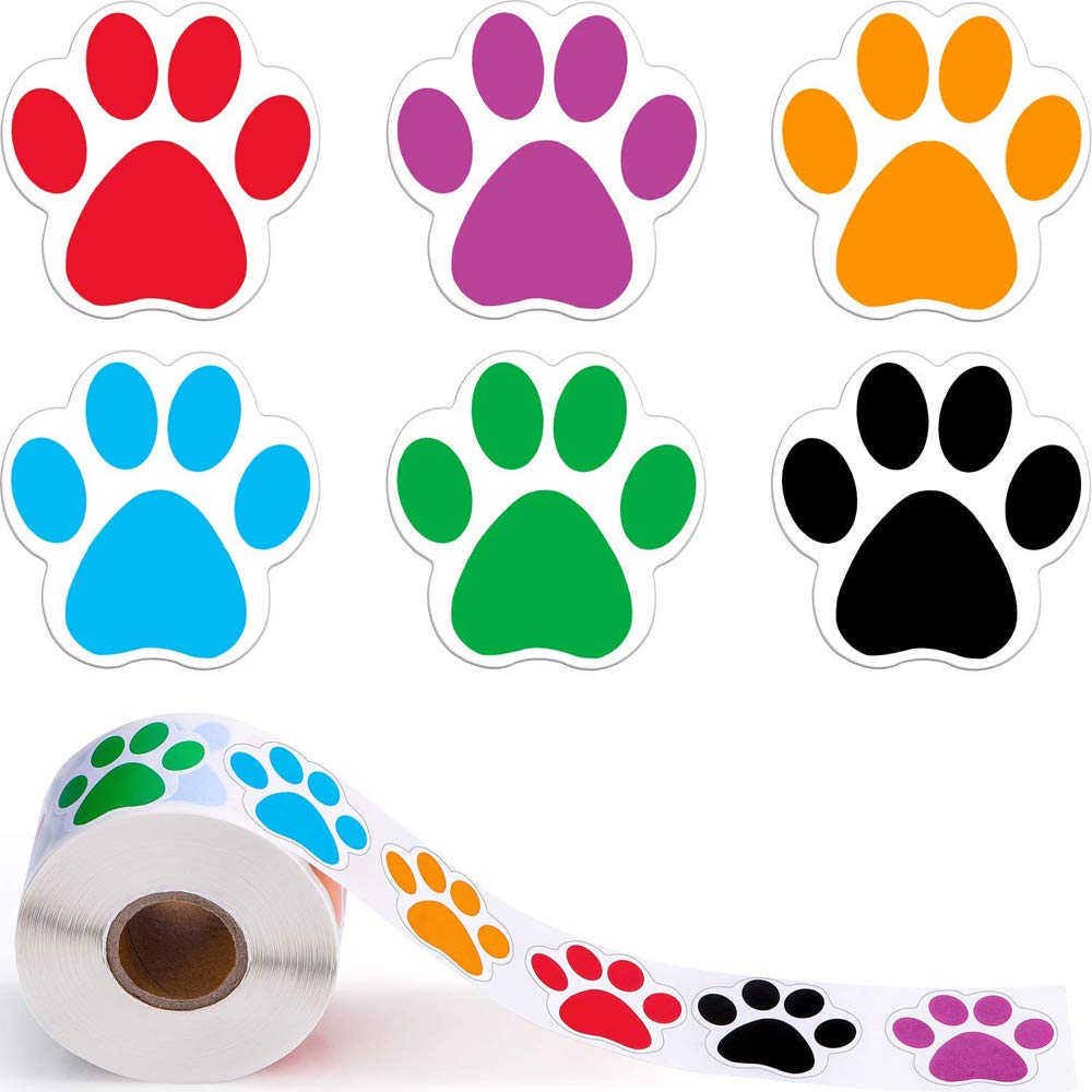 A Roll of 500 Pieces Colorful Paw Print Stickers Dog Paw Labels Stickers Bear Paw Print, 1.5 Inch (Mixed Color)