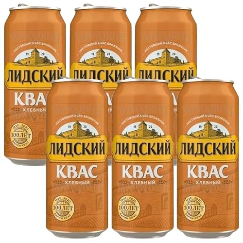 LIDSKI Bread Kvass - Imported Rye Bread Soft Drink (Pack of 6) - Authentic Eastern European Naturally Fermented Kvass - Kvass Drink with Natural Carbonation & Probiotics - 0.5L / 16.91 Fl oz